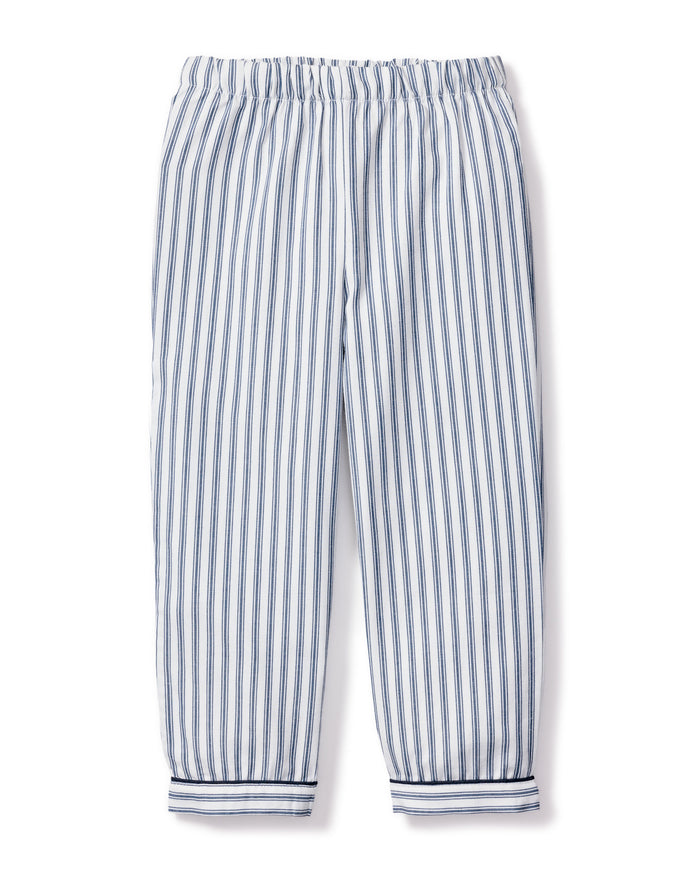 Petite Plumes Kids Twill Pajama Pants feature navy and white vertical stripes on yarn-dyed cotton with an elastic waistband and cuffs, creating a classic French ticking pattern that looks lightweight and cozy for casual wear.