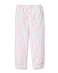 Petite Plumes Kids Twill Pajama Pants in Pink Gingham, made from yarn-dyed cotton, feature an elastic waistband and straight legs, displayed on a white background.