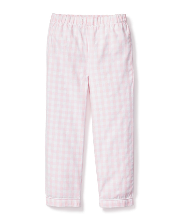 Petite Plumes Kids Twill Pajama Pants in Pink Gingham, made from yarn-dyed cotton, feature an elastic waistband and straight legs, displayed on a white background.