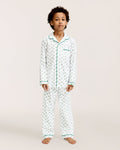 The Kid's Twill Pajama Set in Fairway Stripe features white pajamas with green piping, a tennis racket and green stripe pattern, a long-sleeve button-up top with a chest pocket, and matching long pants.