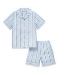 Kid’s Twill Pajama Short Set in Coastal Stripe: a light blue short-sleeved pajama set for children, featuring a button-up shirt and shorts with white and dark blue vertical stripes.