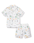 Petite Plumes Kids Twill Pajama Short Set, New York! New York!, offers luxury cotton sleepwear with a short-sleeved button-up shirt and shorts. It features illustrations of NYC landmarks and motifs such as the Statue of Liberty, Empire State Building, hot dogs, and taxis.