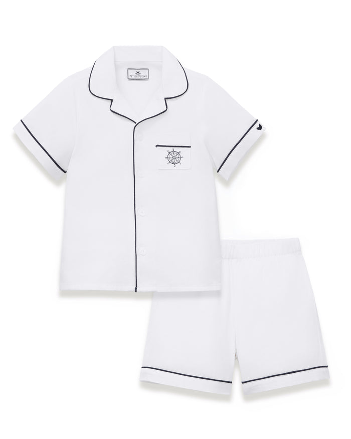 Kid’s Twill Pajama Short Set in White with Yacht Club embroidery, featuring a short-sleeve button-up top with black piping, chest pocket, and matching shorts.