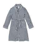 The Petite Plume Kids Twill Robe in Navy Gingham is a charming childrens sleepwear piece with long sleeves and a belt, made from flame-retardant fabric for both safety and style during bedtime.