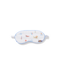Kid’s Twill Sleep Mask in Summer Nostalgia—white with blue trim and decorated with small illustrations of beach scenes like a lifeguard stand, surfboards, boats, and a car.