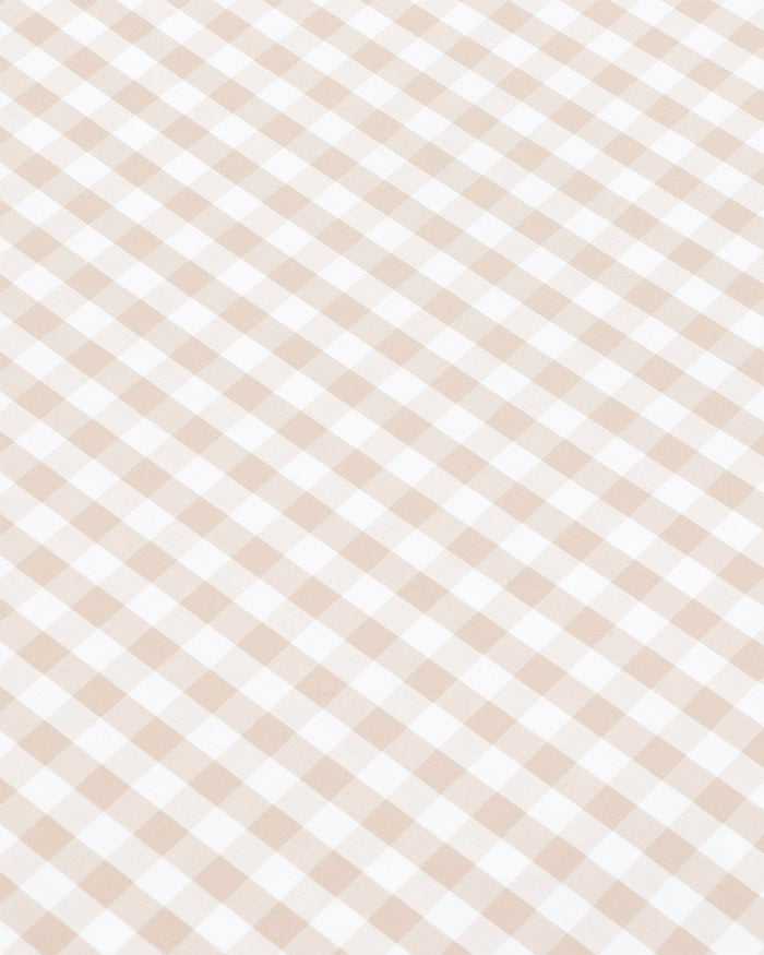 A neatly folded set of Luxe Premium Percale Bed Sheets in Camel Gingham, featuring a beige and white check pattern, displayed against a white background.