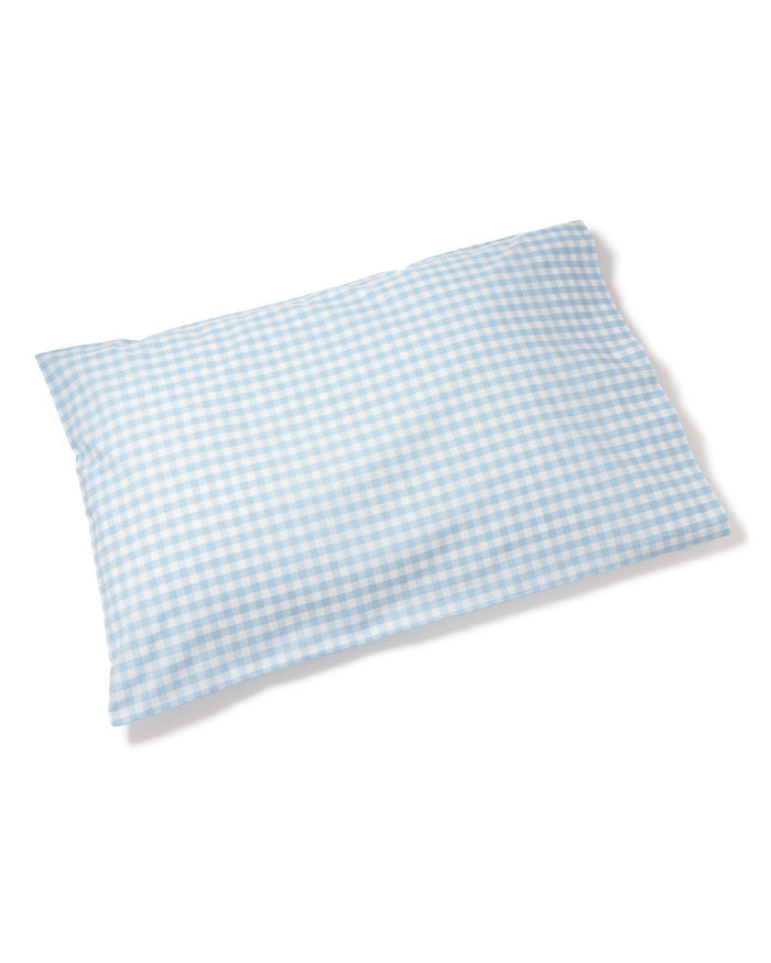 The Luxe Premium Cotton Light Blue Gingham Bed Sheets by Petite Plume, crafted from 100% cotton, are shown on a plain white background, highlighting their simplicity and comfort.