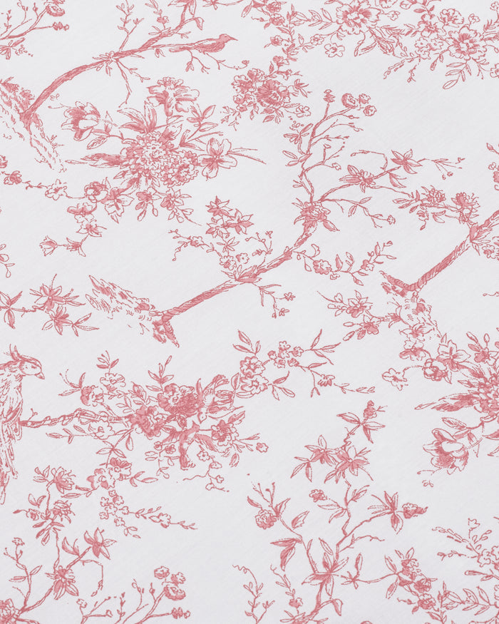 A neatly stacked set of Luxe Premium Percale Bed Sheets in Pink Timeless Toile, featuring two folded sheets and two pillowcases, displayed on a white background.