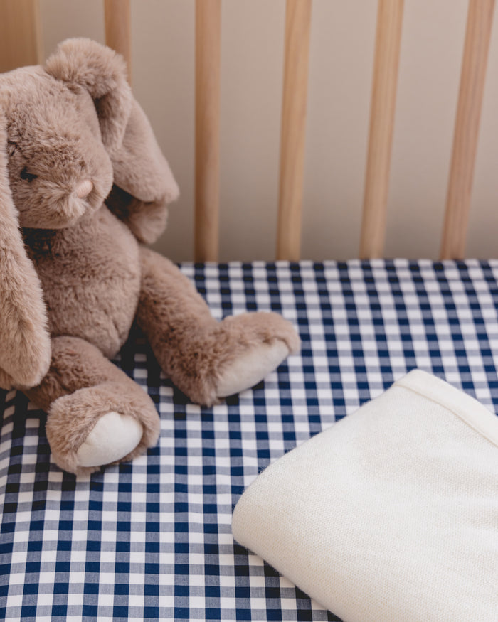Luxe Premium Cotton Crib Sheet in Navy Gingham  in Light Blue Gingham#Color_Navy Gingham