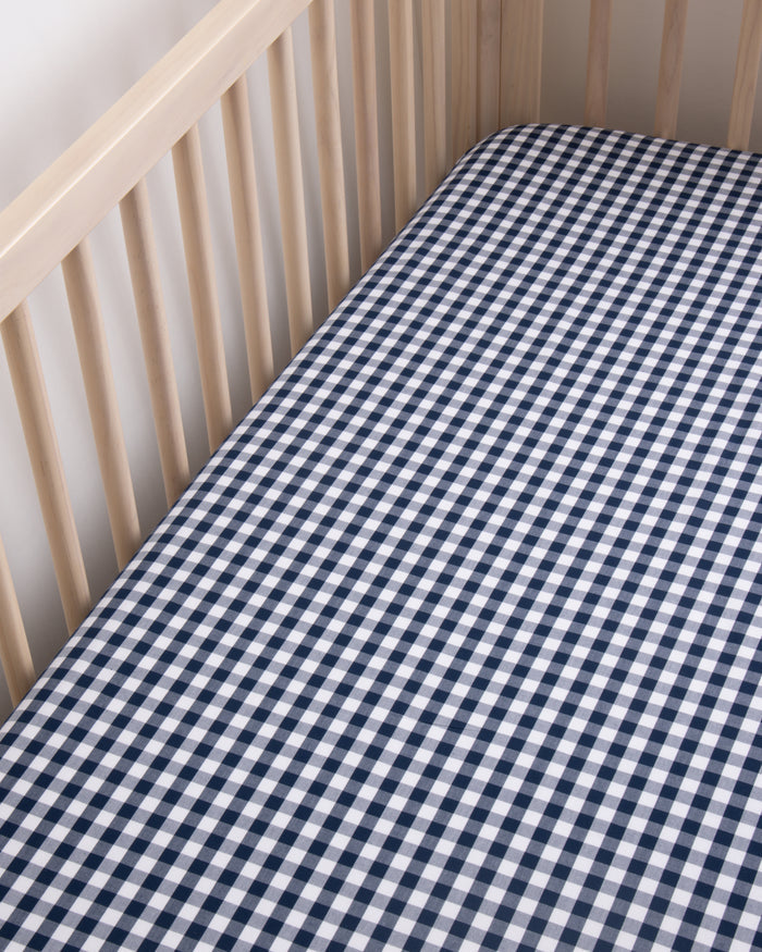 Luxe Premium Cotton Crib Sheet in Navy Gingham  in Light Blue Gingham#Color_Navy Gingham
