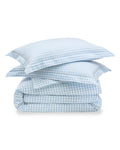 Blue and white checkered bedding set on a white background