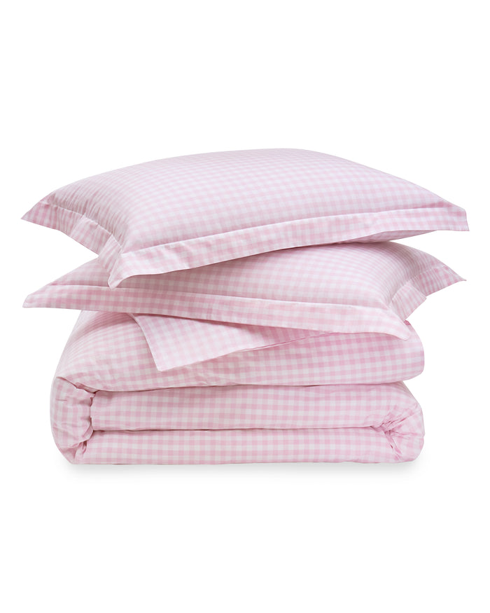 Blue and white checkered bedding set on a white background