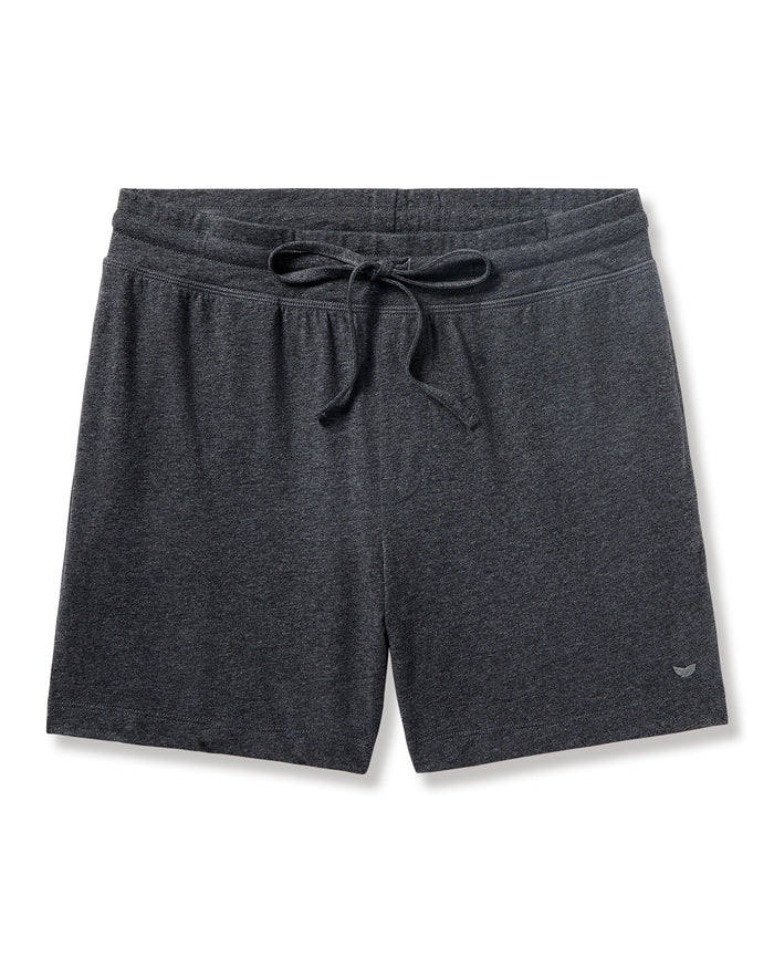 The Mens 5 Pima Short in Dark Heather Grey by Petite Plume features a relaxed fit, elastic waistband, soft Peruvian Pima cotton jersey, and a subtle embroidered logo near the hem for added style and comfort.