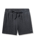 The Mens 5 Pima Short in Dark Heather Grey by Petite Plume features a relaxed fit, elastic waistband, soft Peruvian Pima cotton jersey, and a subtle embroidered logo near the hem for added style and comfort.