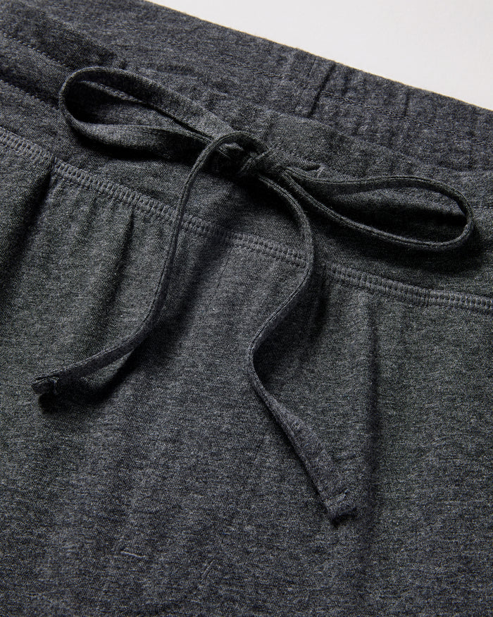 Close-up of the waistband on Petite Plumes Mens 5 Pima Short in Dark Heather Grey, featuring a matching drawstring bow and soft, textured Peruvian Pima cotton for comfort and casual style.