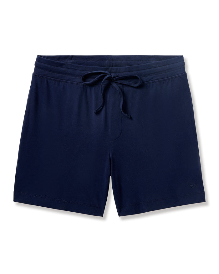 Petite Plumes Mens 5 Pima Shorts in Navy feature a drawstring waistband, soft jersey knit, and a simple design without visible patterns or logos, perfect for luxurious pajamas.