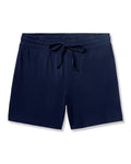 Petite Plumes Mens 5 Pima Shorts in Navy feature a drawstring waistband, soft jersey knit, and a simple design without visible patterns or logos, perfect for luxurious pajamas.