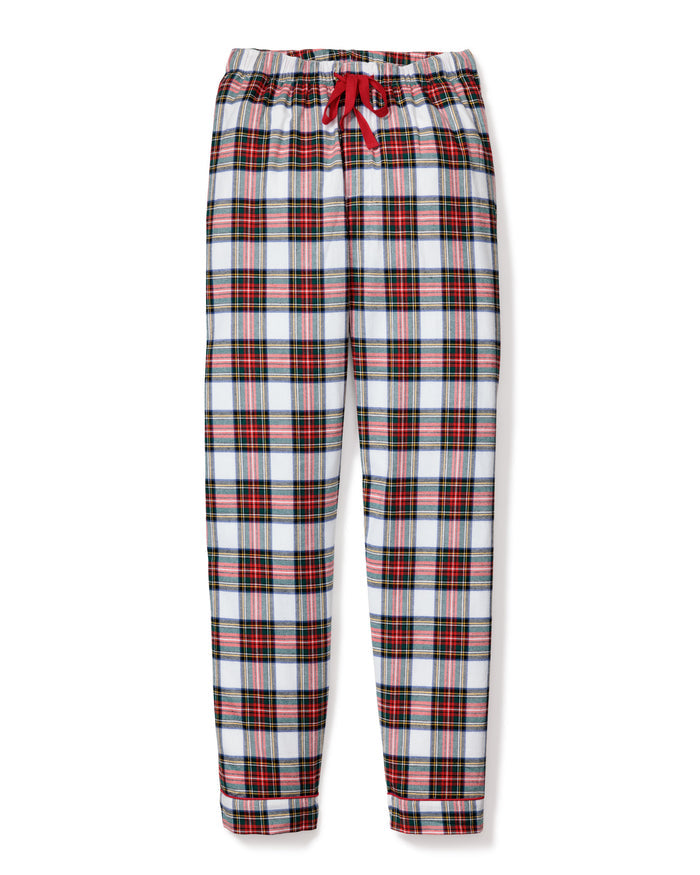 Petite Plumes Mens Brushed Cotton Pants in Balmoral Tartan feature a red and green plaid design, made from lightweight brushed twill, with an elastic waistband and red drawstring.