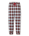 Petite Plumes Mens Brushed Cotton Pants in Balmoral Tartan feature a red and green plaid design, made from lightweight brushed twill, with an elastic waistband and red drawstring.