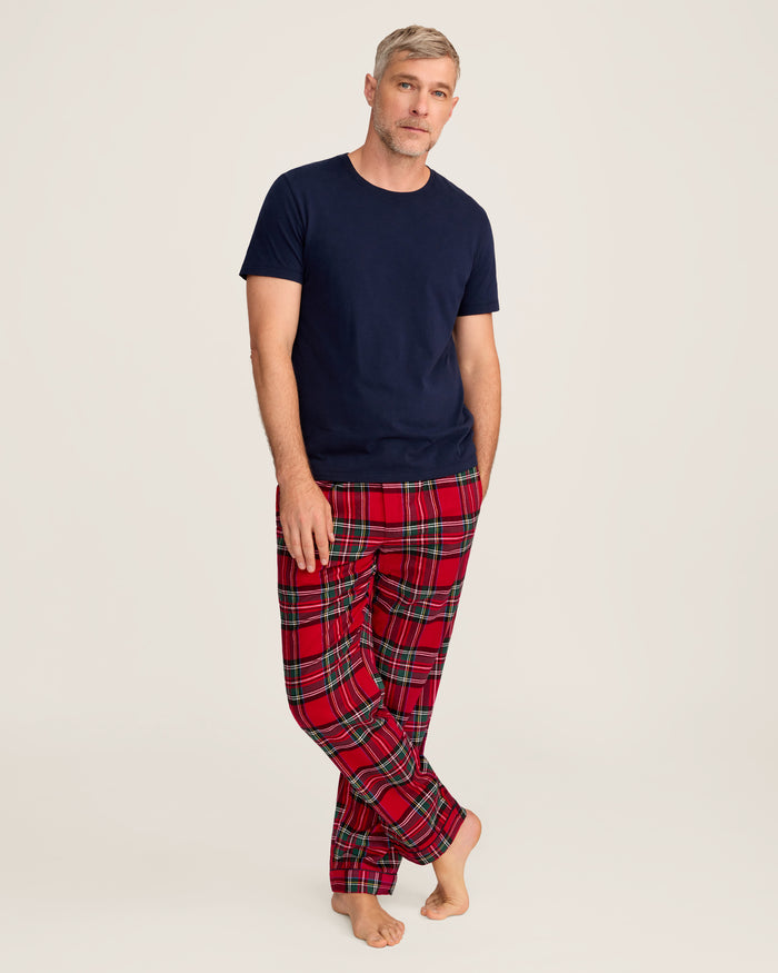 Men's Brushed Twill Pajama Pant in Imperial Tartan, featuring a red plaid pattern with green, white, and black lines, an elastic waistband, and a black drawstring, shown flat on a white background.