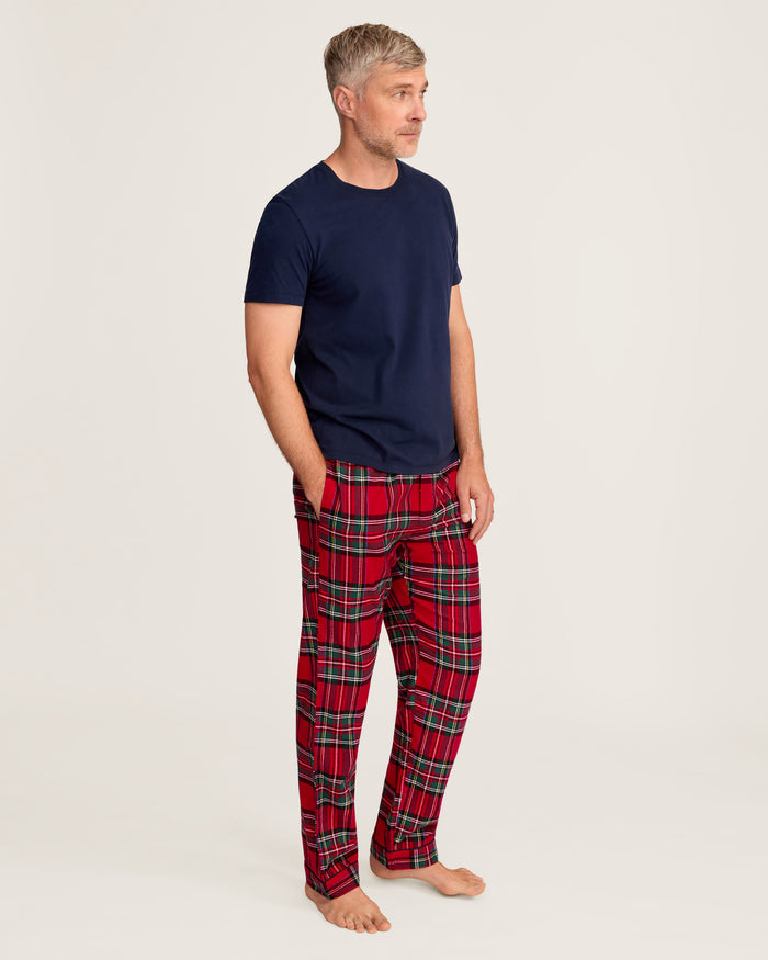Men's Brushed Twill Pajama Pant in Imperial Tartan, featuring a red plaid pattern with green, white, and black lines, an elastic waistband, and a black drawstring, shown flat on a white background.
