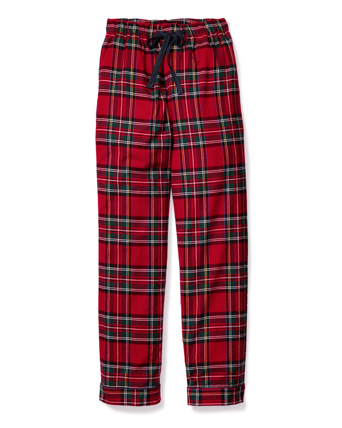 Men's Brushed Twill Pajama Pant in Imperial Tartan, featuring a red plaid pattern with green, white, and black lines, an elastic waistband, and a black drawstring, shown flat on a white background.