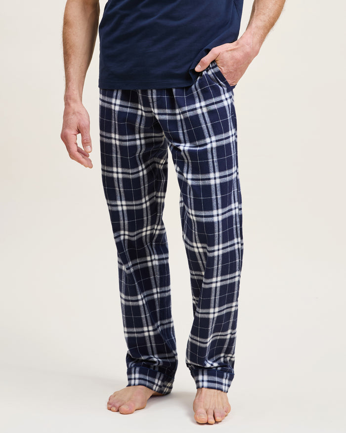 Men's Brushed Twill Pajama Pant in Oxford Tartan featuring navy blue and white plaid, an elastic waistband, and a drawstring, shown laid flat on a white background.