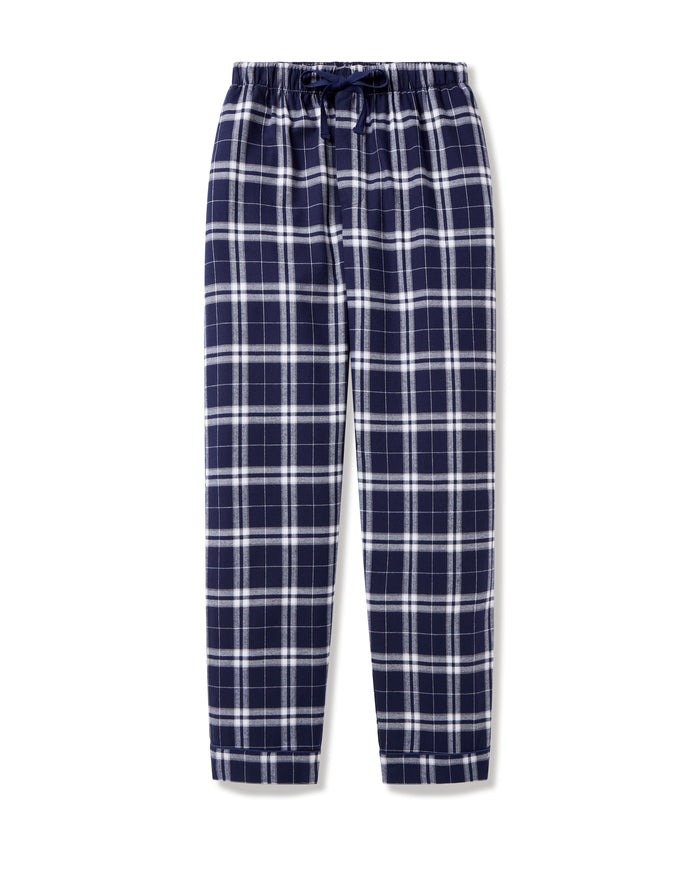 Men's Brushed Twill Pajama Pant in Oxford Tartan featuring navy blue and white plaid, an elastic waistband, and a drawstring, shown laid flat on a white background.