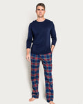 The Men's Brushed Twill Pajama Pant in Windsor Tartan features a navy base with red, green, and yellow stripes, plus an elastic waistband and drawstring tie for comfort.