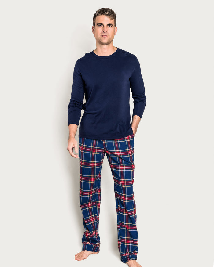 The Men's Brushed Twill Pajama Pant in Windsor Tartan features a navy base with red, green, and yellow stripes, plus an elastic waistband and drawstring tie for comfort.
