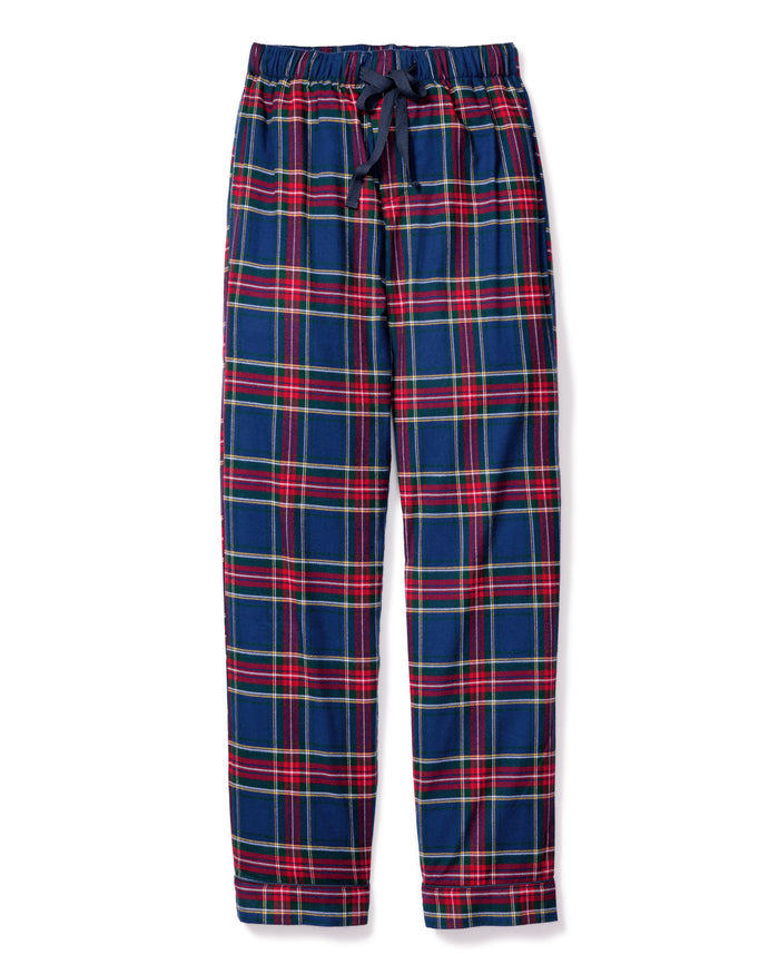 The Men's Brushed Twill Pajama Pant in Windsor Tartan features a navy base with red, green, and yellow stripes, plus an elastic waistband and drawstring tie for comfort.