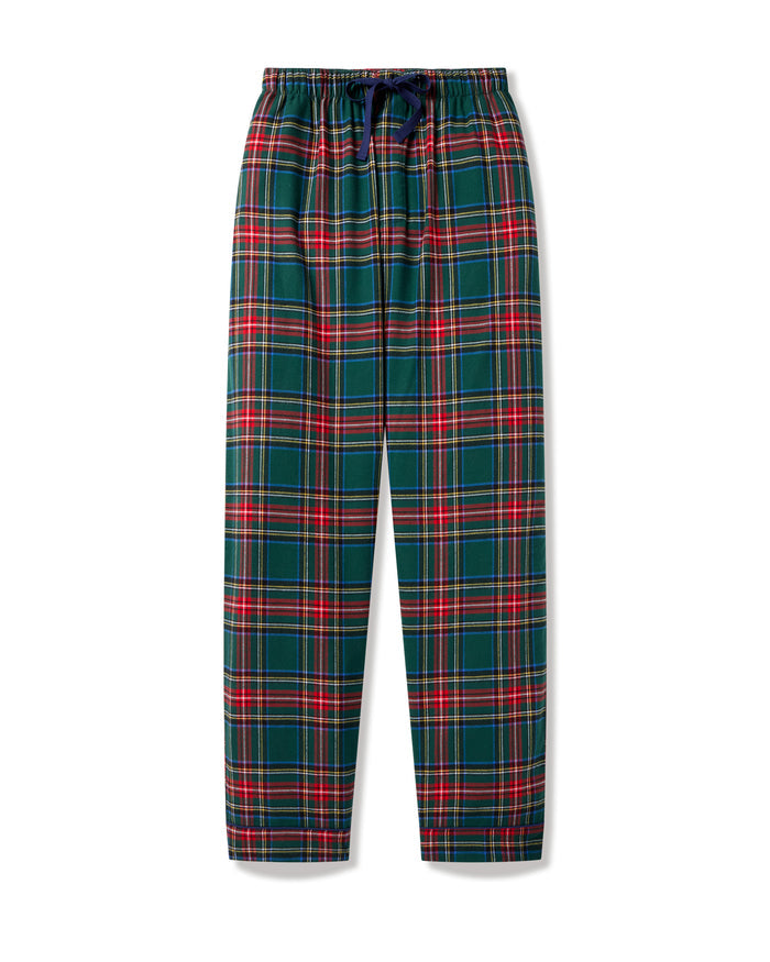 Men's Brushed Twill Pajama Pants in Kensington Tartan feature a green, red, and white plaid pattern with an elastic waistband and navy blue drawstring, shown on a white background.