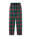 Men's Brushed Twill Pajama Pants in Kensington Tartan feature a green, red, and white plaid pattern with an elastic waistband and navy blue drawstring, shown on a white background.