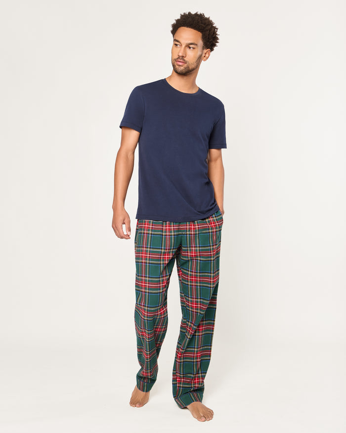 Men's Brushed Twill Pajama Pants in Kensington Tartan feature a green, red, and white plaid pattern with an elastic waistband and navy blue drawstring, shown on a white background.