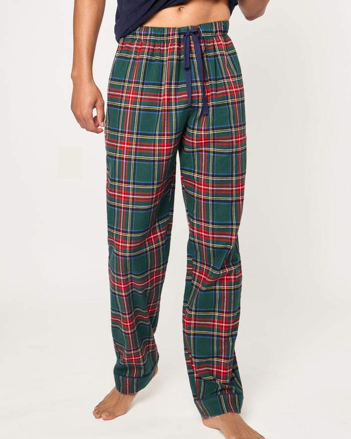 Men's Brushed Twill Pajama Pants in Kensington Tartan feature a green, red, and white plaid pattern with an elastic waistband and navy blue drawstring, shown on a white background.
