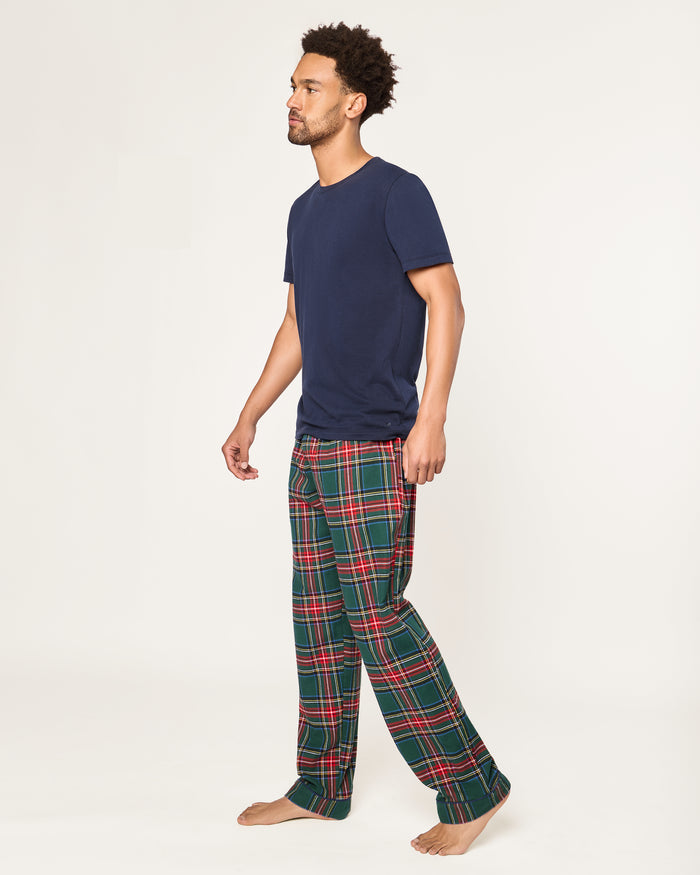 Men's Brushed Twill Pajama Pants in Kensington Tartan feature a green, red, and white plaid pattern with an elastic waistband and navy blue drawstring, shown on a white background.