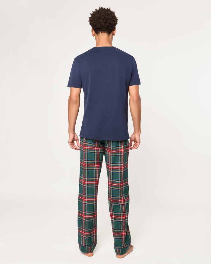 Men's Brushed Twill Pajama Pants in Kensington Tartan feature a green, red, and white plaid pattern with an elastic waistband and navy blue drawstring, shown on a white background.