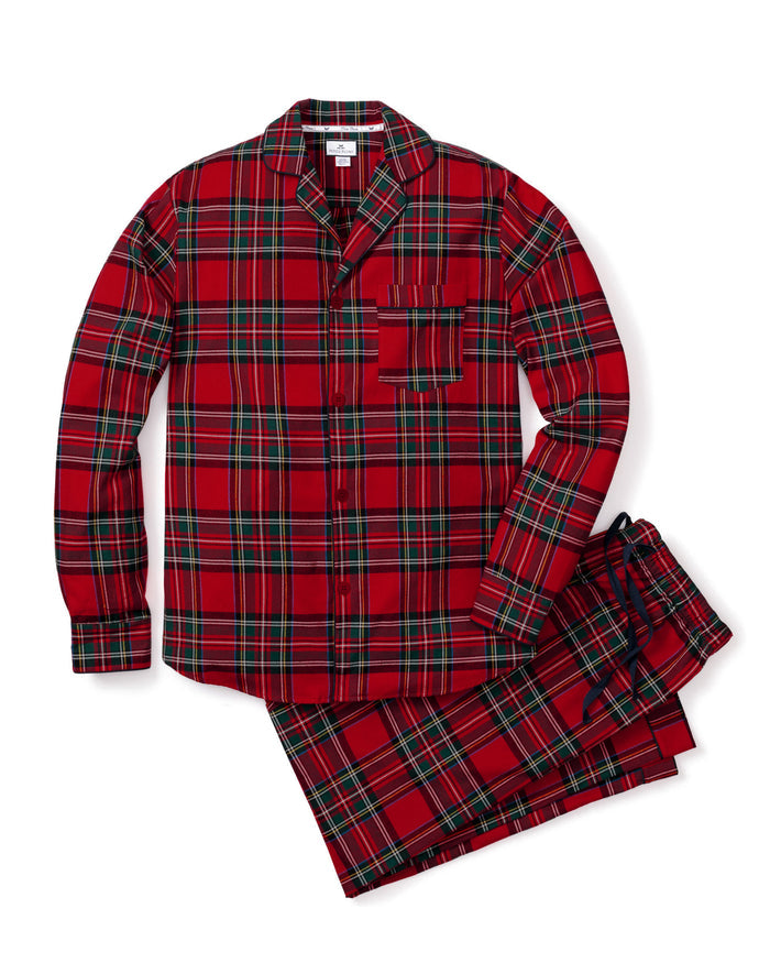 The Men's Brushed Twill Pajama Set in Imperial Tartan features a red plaid design with green, white, and black stripes, a button-up long-sleeve top with a chest pocket, and matching pants, displayed neatly on a white background.