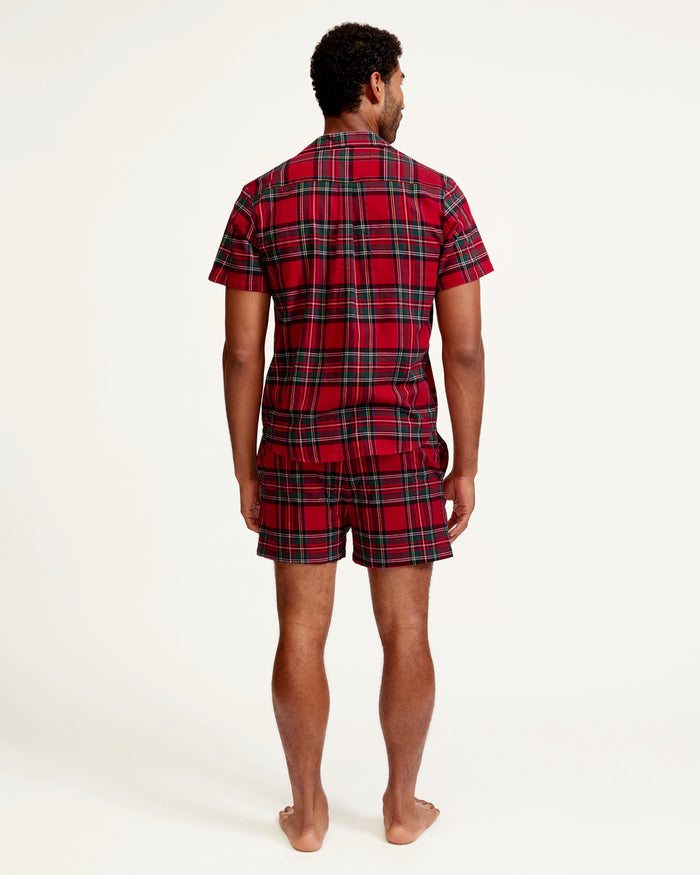 Men's Brushed Twill Short Set in Imperial Tartan: a matching pajama set with a short-sleeve, button-up shirt and shorts in red and green plaid, featuring a blue drawstring waistband.