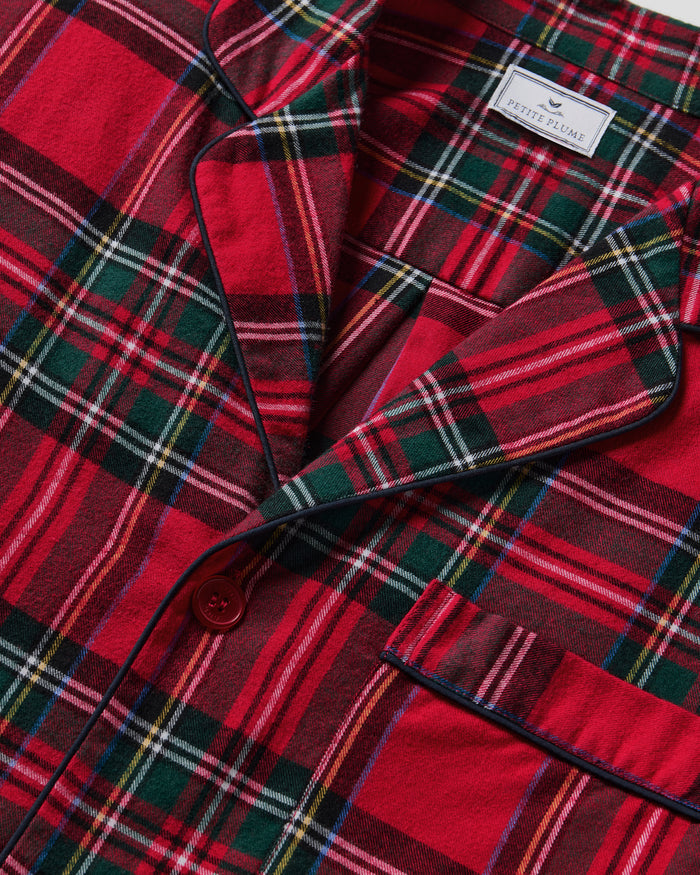 Men's Brushed Twill Short Set in Imperial Tartan: a matching pajama set with a short-sleeve, button-up shirt and shorts in red and green plaid, featuring a blue drawstring waistband.