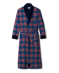 Close-up of the Mens Brushed Cotton Velvet Trim Robe in Windsor Tartan by Petite Plume, showcasing soft flannel fabric with red, green, yellow, and blue plaid across 100% cotton. Features include a tied belt and dark navy velvet collar and cuffs for a luxurious blend of textures and colors.