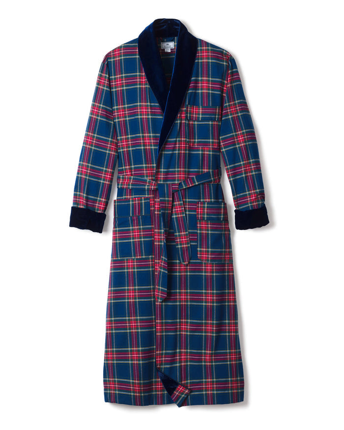 Close-up of the Mens Brushed Cotton Velvet Trim Robe in Windsor Tartan by Petite Plume, showcasing soft flannel fabric with red, green, yellow, and blue plaid across 100% cotton. Features include a tied belt and dark navy velvet collar and cuffs for a luxurious blend of textures and colors.