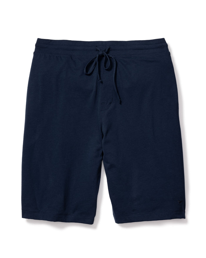 Mens Classic Pima Shorts in Navy by Petite Plume are made from soft Peruvian Pima cotton, featuring a dark blue color and an adjustable waist for comfort. These versatile drawstring athletic shorts transition seamlessly from workouts to bedtime.