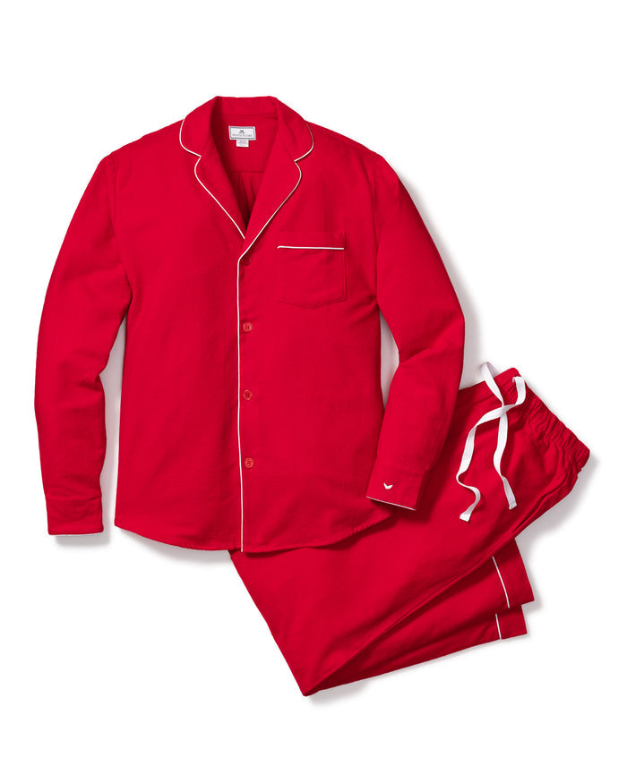 Discover luxury with Petite Plumes Mens Flannel Pajama Set in Red, crafted from 100% cotton. This set features white piping, a long-sleeved button-up shirt with a breast pocket, and matching drawstring pants for ultimate comfort and style.