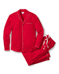 Discover luxury with Petite Plumes Mens Flannel Pajama Set in Red, crafted from 100% cotton. This set features white piping, a long-sleeved button-up shirt with a breast pocket, and matching drawstring pants for ultimate comfort and style.