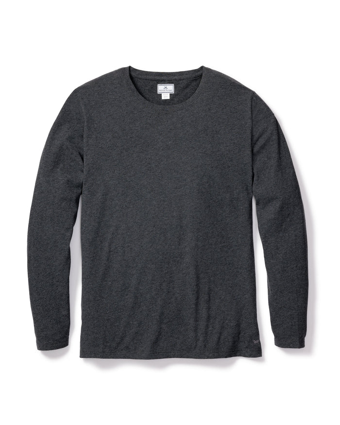 A Mens Pima Crew Neck Long Sleeve Top in Dark Heather Grey, by Petite Plume, is showcased on a white background. Crafted from breathable Peruvian Pima cotton, it offers a soft and casual feel perfect for everyday wear.