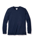 The Mens Pima Crew Neck Long Sleeve Top in Navy by Petite Plume is a luxurious and soft cotton piece, ideal for casual wear or cozy sleepwear, featuring a crew neckline against a plain white background.