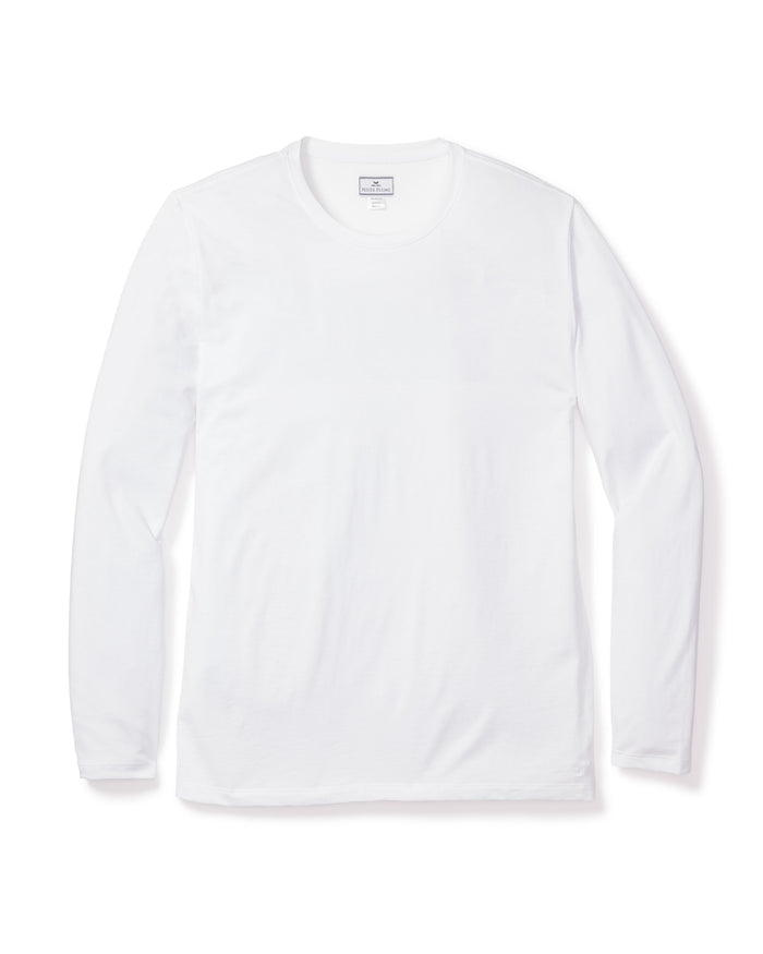 This Mens Pima Crew Neck Long Sleeve Top by Petite Plume, in classic white and crafted from luxurious Peruvian Pima cotton, is displayed elegantly on a white background.