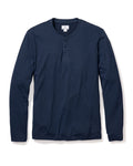 The Mens Pima Henley in Navy by Petite Plume features a soft Peruvian Pima cotton fabric and a classic three-button placket. Its simple design makes it an ideal addition to your bedtime routine, displayed on a white background for clarity.
