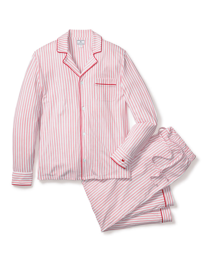 This close-up features the Mens Pima Pajama Top by Petite Plume in Antique Red Ticking. The luxurious yarn-dyed Peruvian Pima cotton showcases vertical red and white stripes with a visible button and pocket outlined in red piping, ensuring softness and comfort for restful nights.
